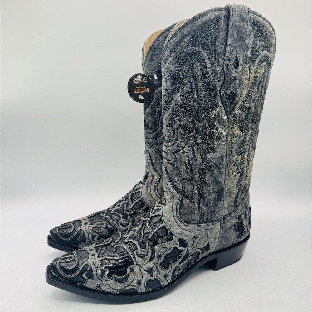 Corral American Alligator Inlay Boots Men's Size 10.5 EE Wide Black Genuine